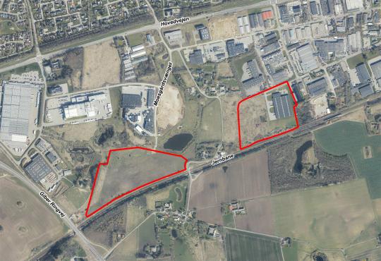 Luftfoto der viser afgrænsningen til lokalplanforslag 1221