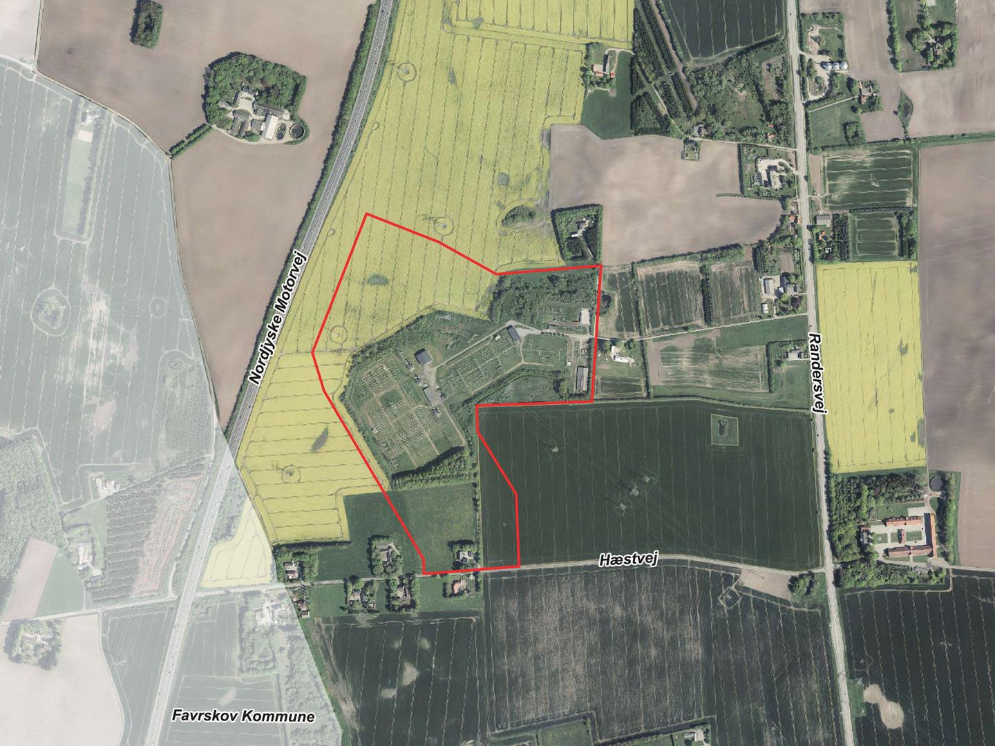 Luftfoto der viser afgrænsningen til lokalplanforslag nr. 1244