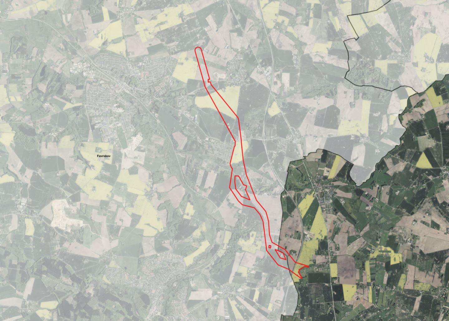 Luftfoto der viser afgrænsningen til kabelforbindelsen til Station Trige