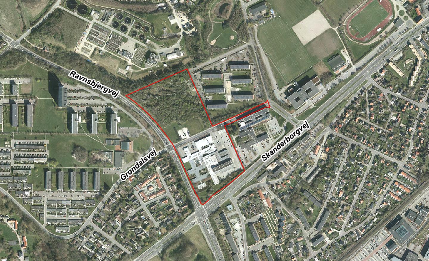 Luftfoto der viser områdeafgrænsningen for udviklingen af Grøndalsvej 3 og 10