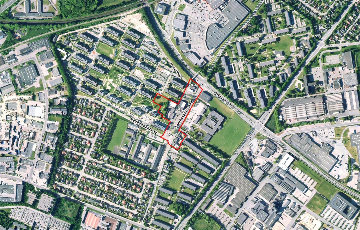 Kort der viser områdeafgrænsningen til debatoplægget om Nyt lokalt butikscenter i Rosenhøj