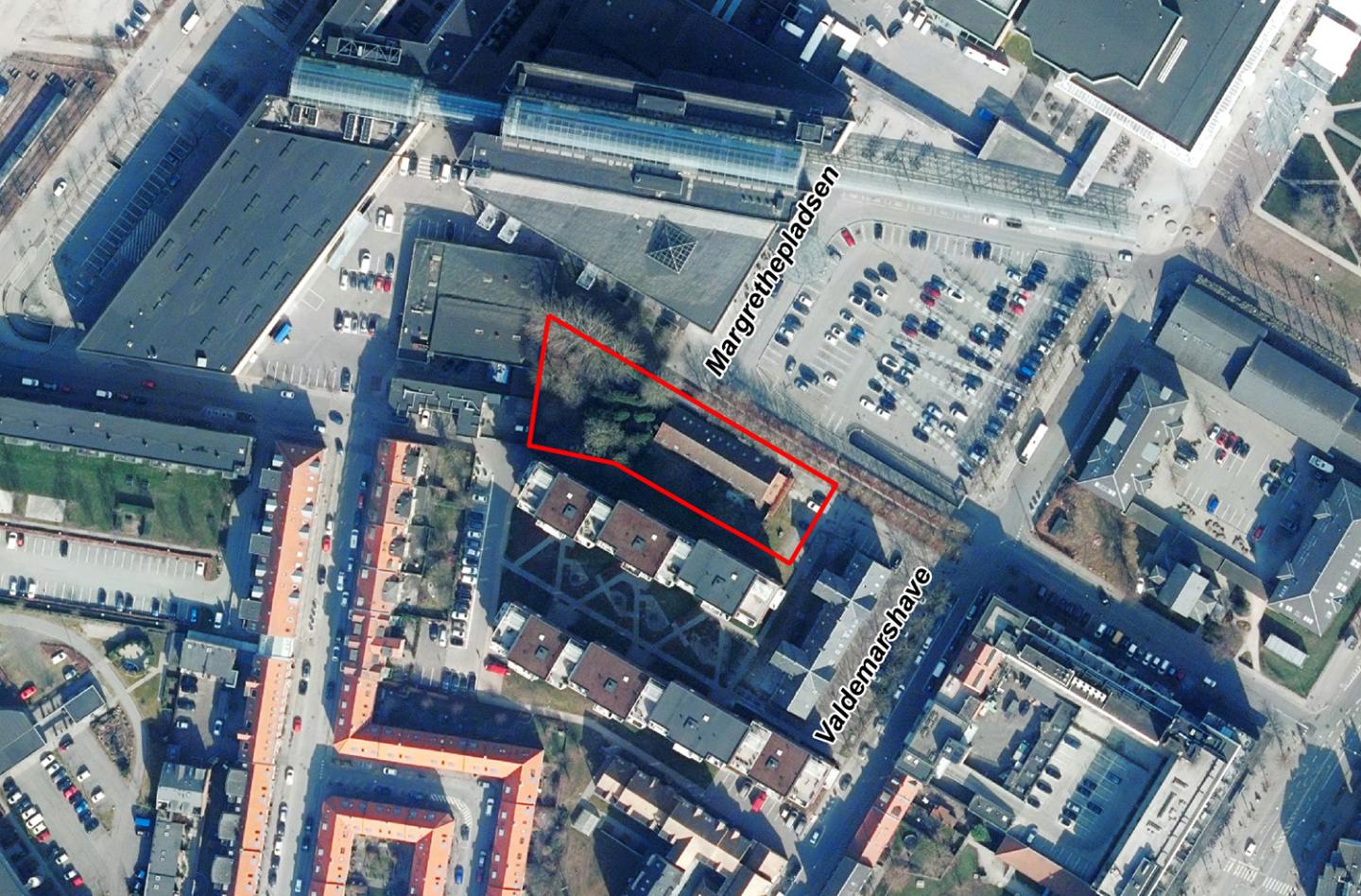 Luftfoto der viser lokalplanafgrænsningen for Debatoplæg - Valdemars Have