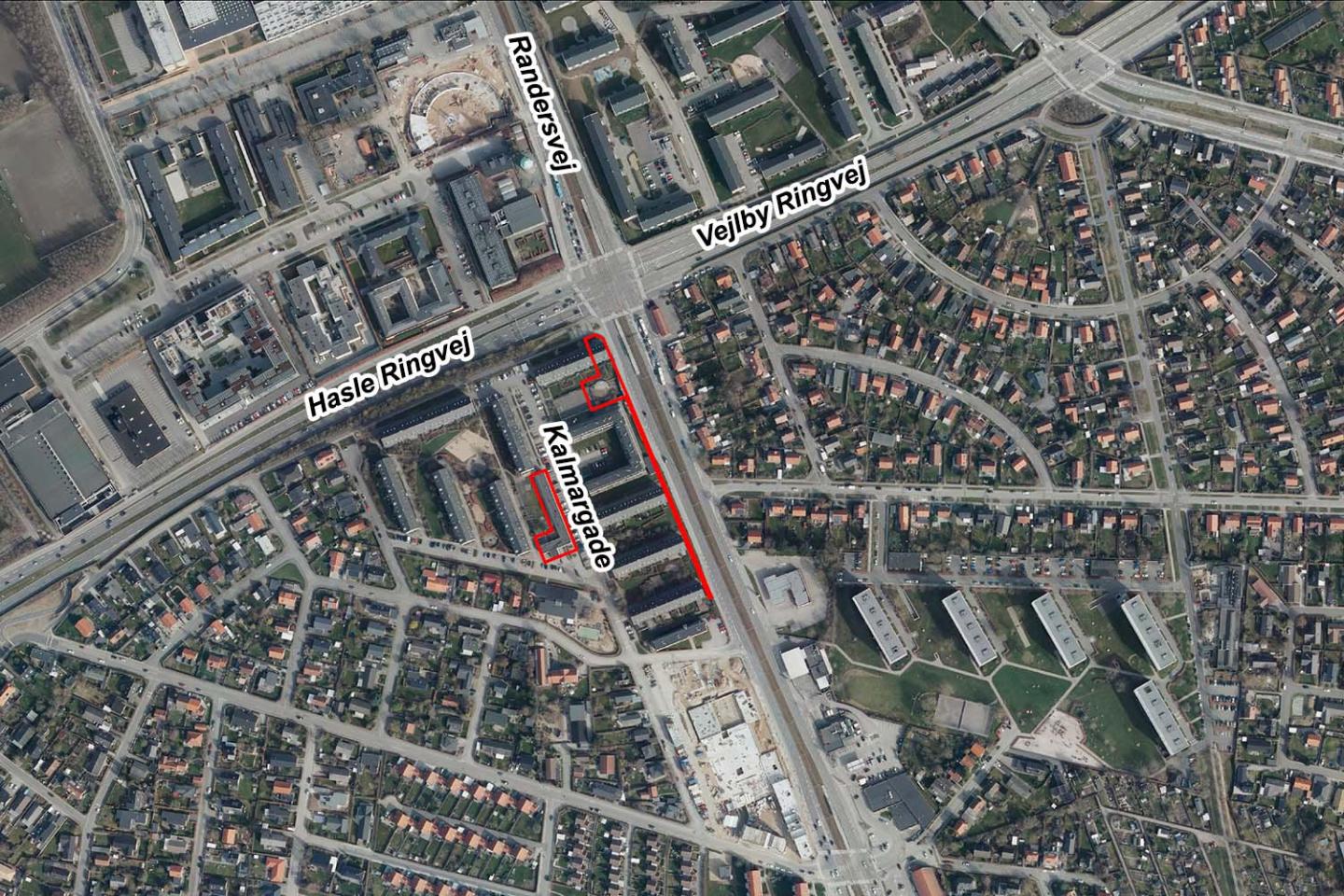 Luftfoto af afgrænsning for debatoplæg om Kalmargade 31-60