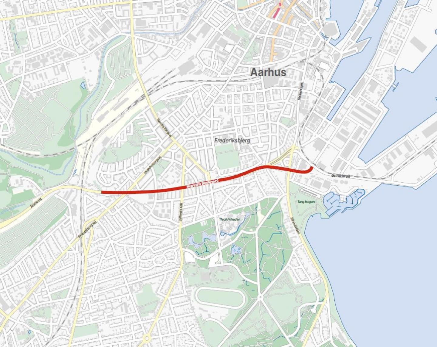 Kort der viser tunnel under marselis boulevard