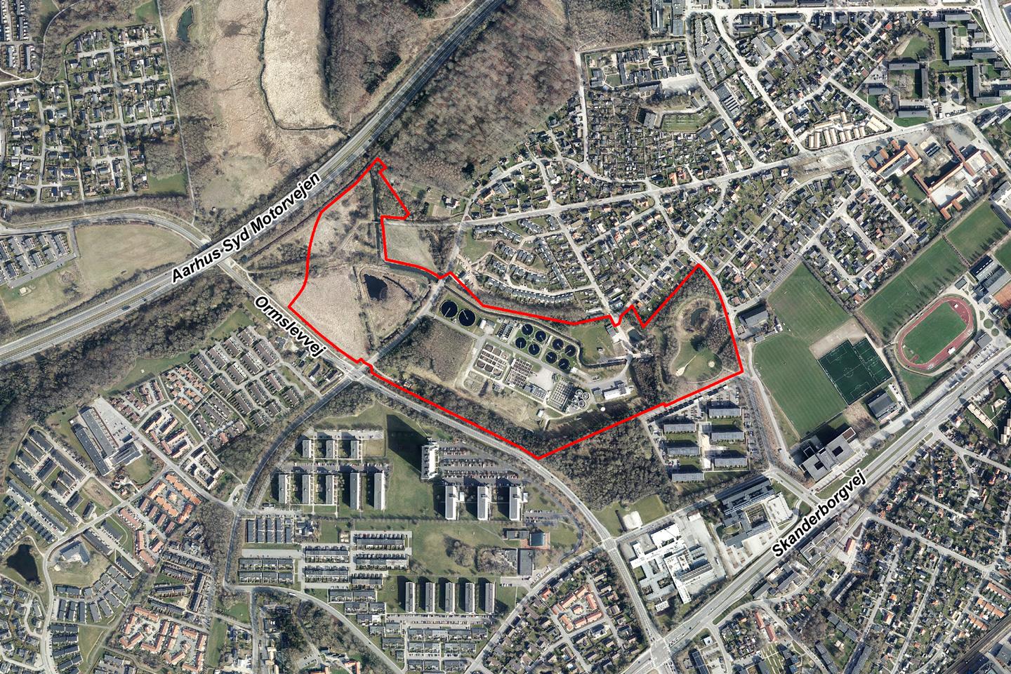 Luftfoto der viser afgrænsningen til lokalplanforslag nr. 1175
