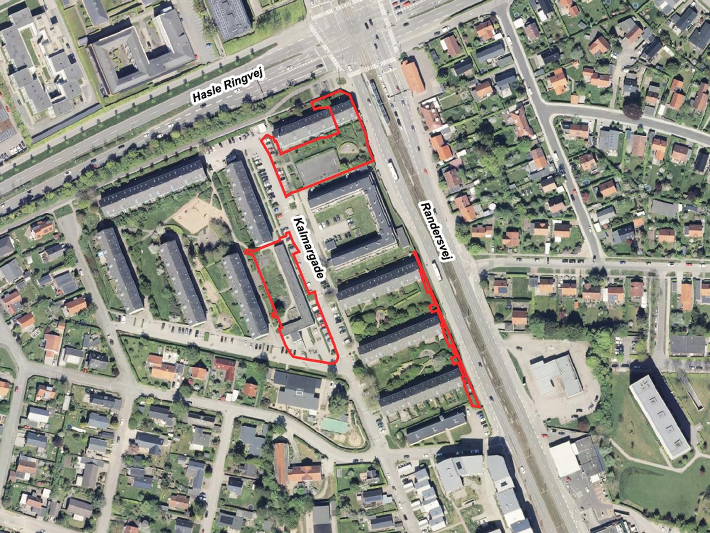 Luftfoto der viser afgrænsningen til lokalplanforslag nr. 1253