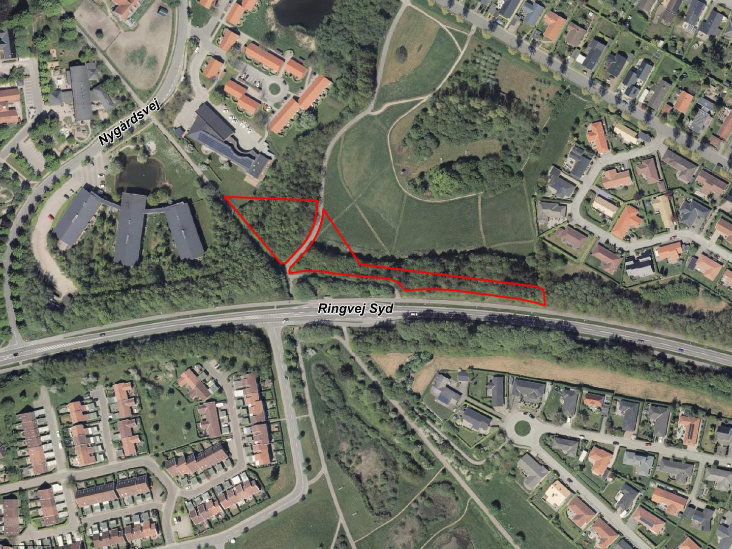 Luftfoto der viser afgrænsningen til lokalplantillæg 319_T1