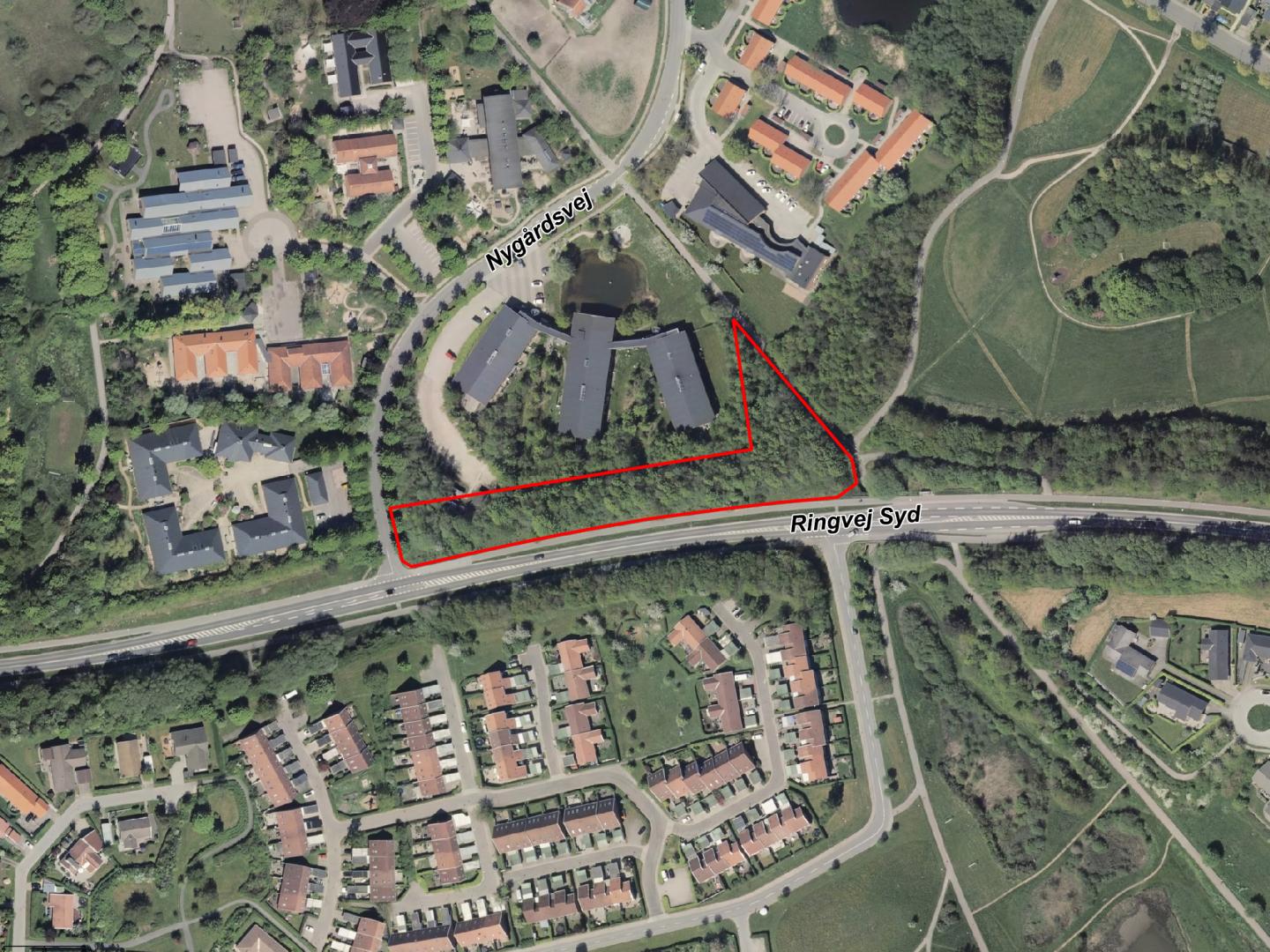 Luftfoto der viser afgrænsningen til lokalplantillæg 623_T1