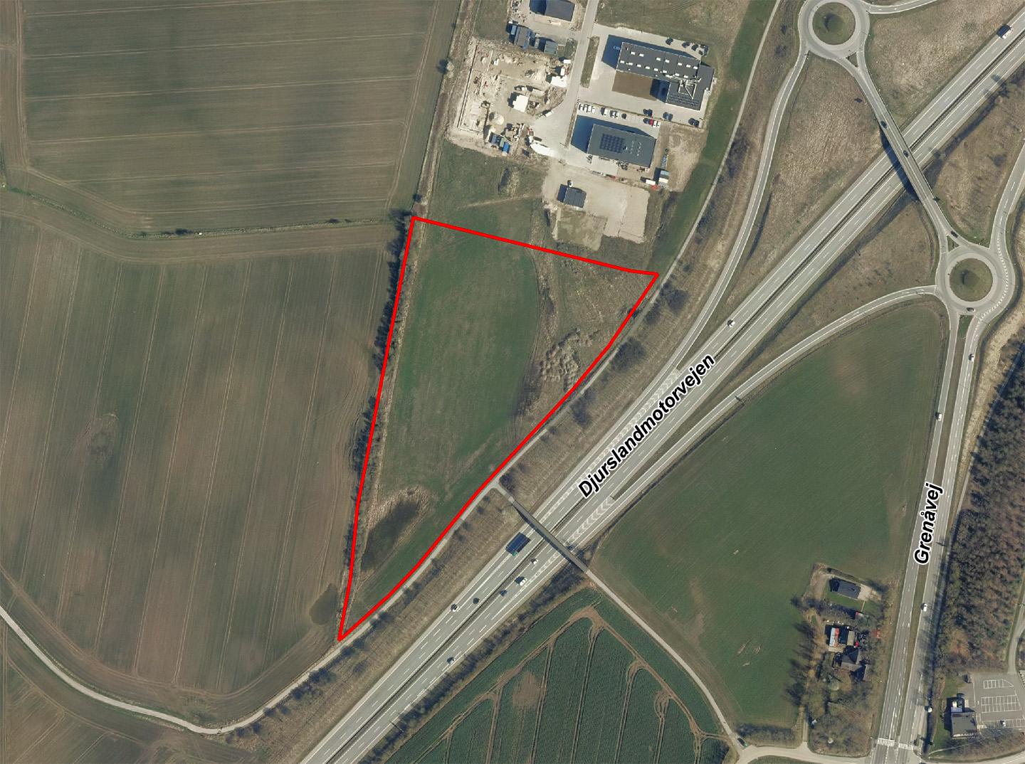 Luftfoto der viser afgrænsningen til lokalplanforslag 1223