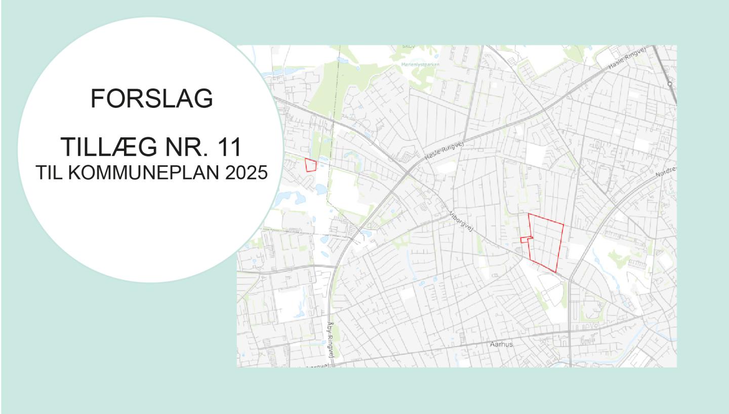 Billedet viser en del af Aarhus, hvor de to områder i planforslaget er vist med rødt streg.. På billedet står der: Forslag til tillæg nr. 11 til Kommuneplan 2025.