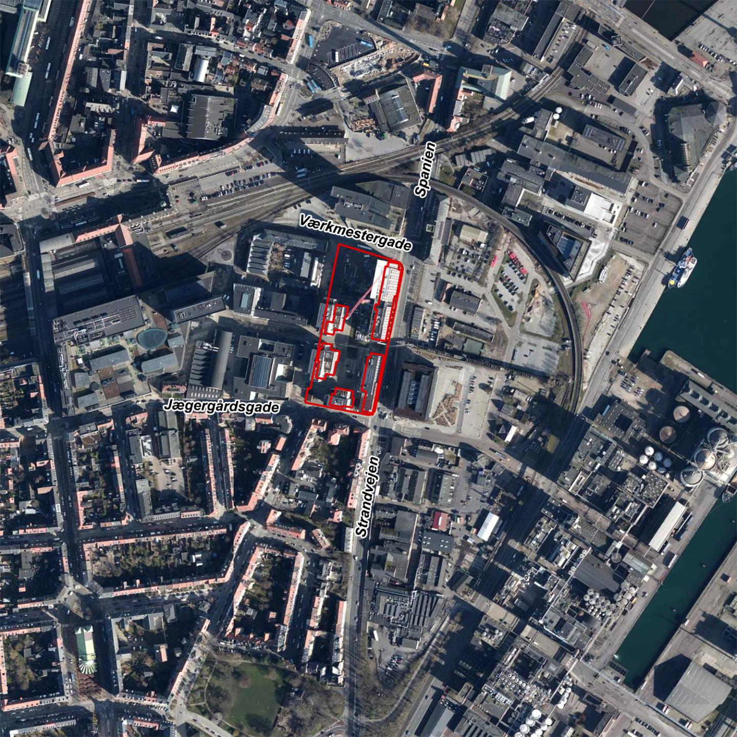 Loftfoto der viser lokalplanafgrænsningen til Lokalplan 1194