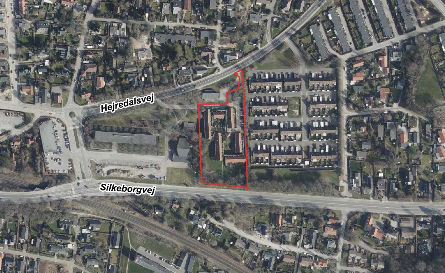 Luftfoto, der viser afgrænsningen for lokalplan 1210