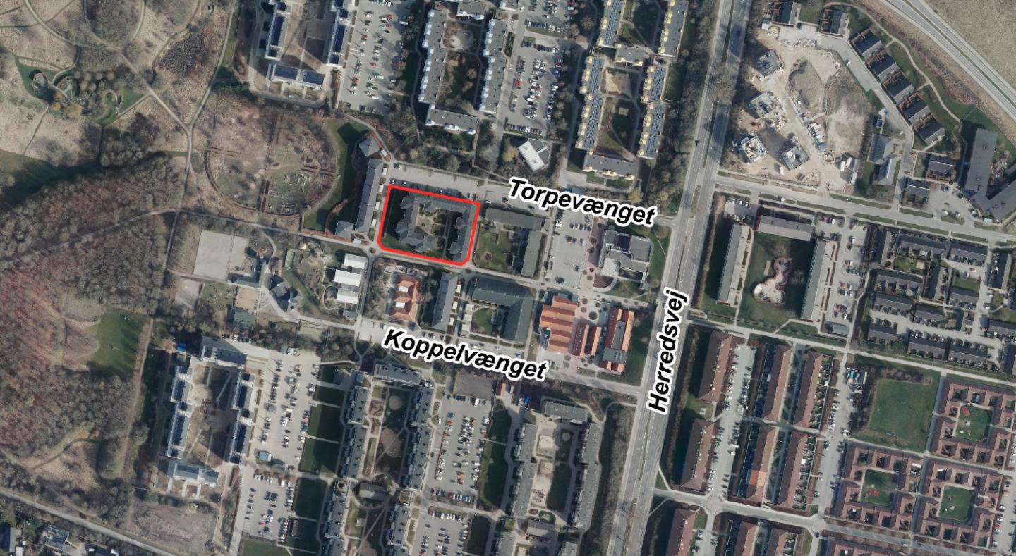 Luftfoto, der viser afgrænsningen for lokalplan 1211