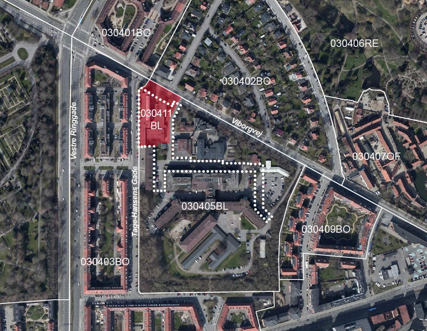 Luftfoto der viser afgrænsningen til debatoplægget om Omdannelse af Amtssygehuset