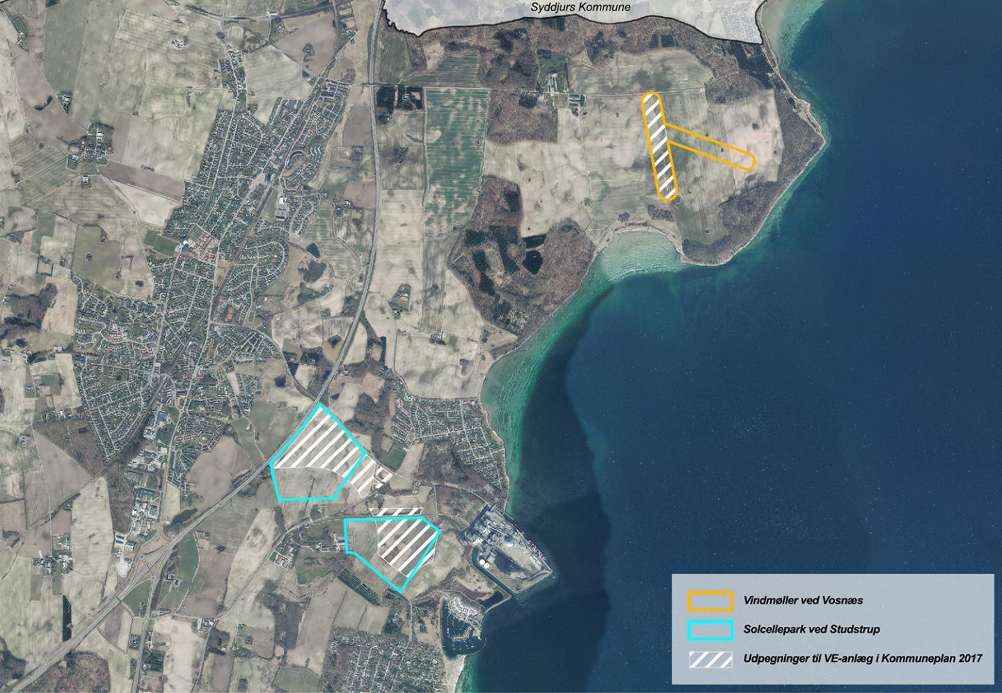 Luftfoto der viser afgrænsningen til debatoplægget om energianlæg ved Vosnæs