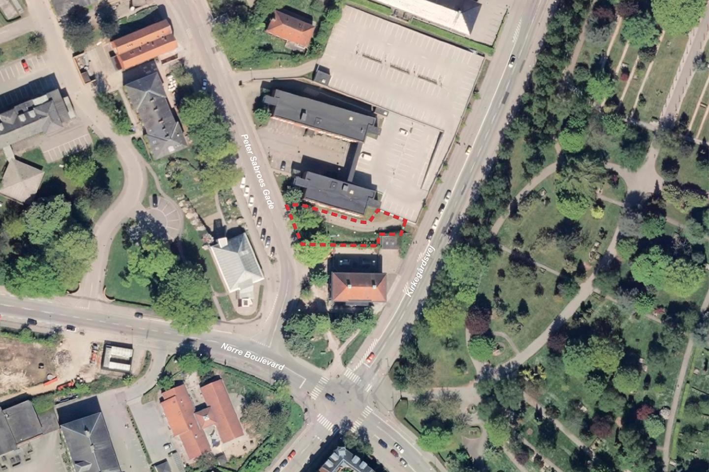 Luftfoto der viser afgrænsningen til lokalplantillæg 797_T1