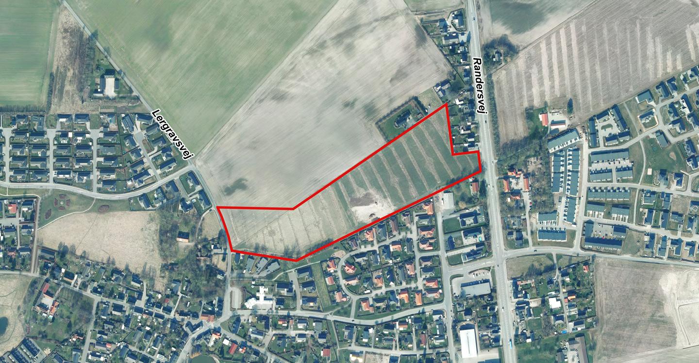 Luftfoto der viser lokalplanafgrænsningen til lokalplan 1187