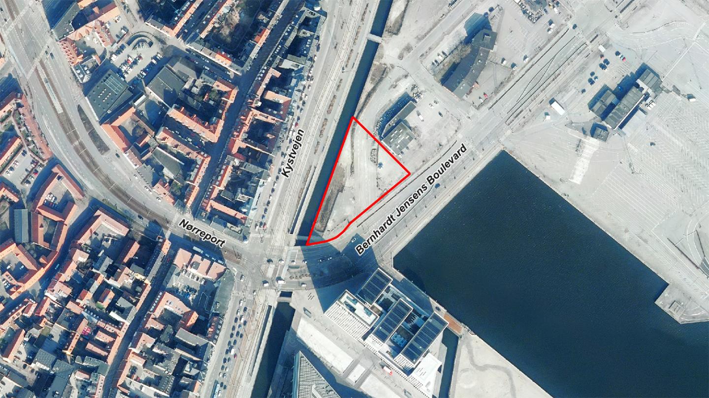 Luftfoto der viser afgrænsningen til lokalplan 1188