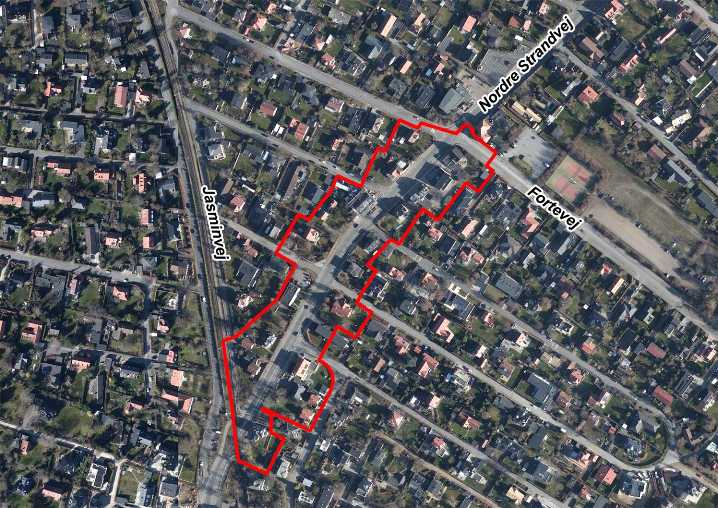 Luftfoto der viser lokalplanafgrænsningen til delvis ophævelse af Byplanvedtægt nr. 6 og Lokalplan nr. 210