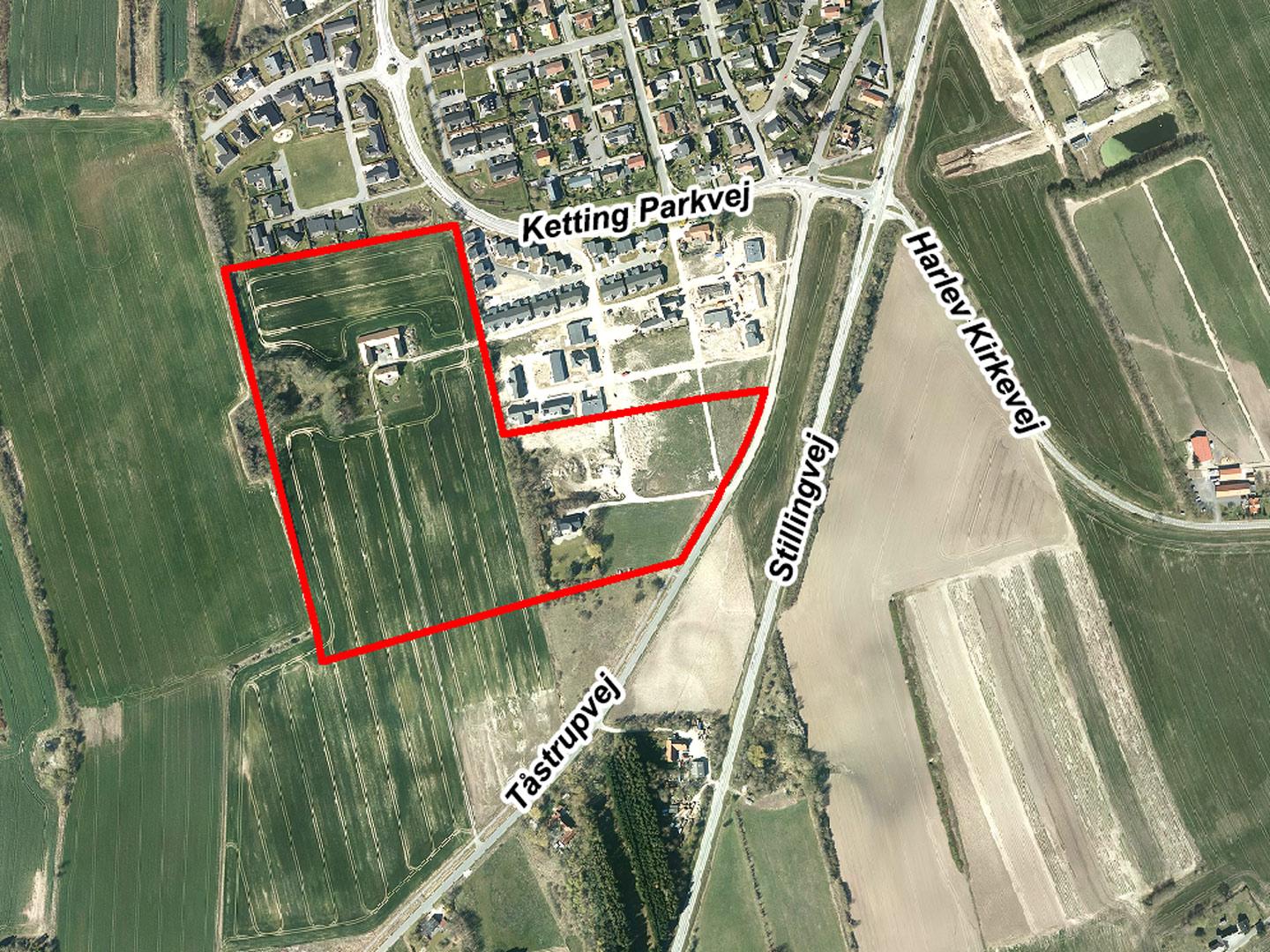 Luftfoto der viser lokalplanafgrænsningen til lokalplan 1150