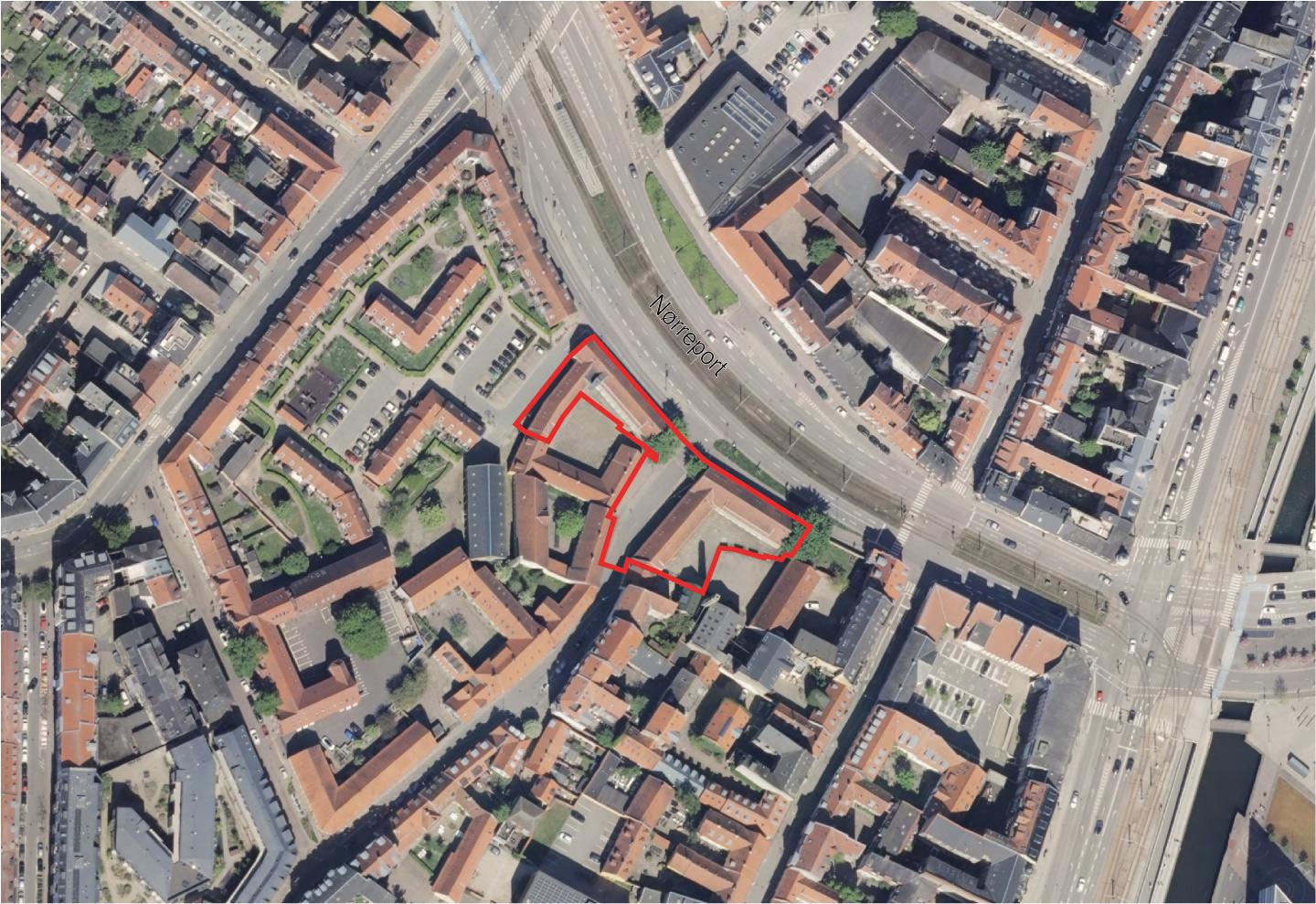 Luftfoto der viser afgrænsningen til lokalplan 1257