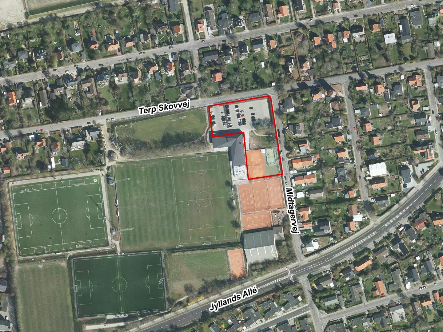 Luftfoto af afgrænsning for Terp Skovvej