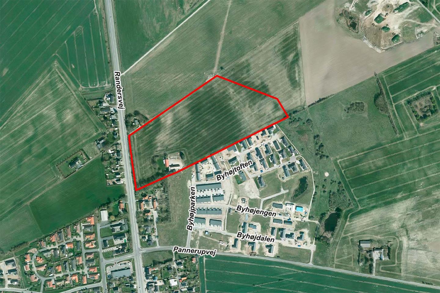 Luftfoto der viser lokalplanafgrænsningen til lokalplan 1162