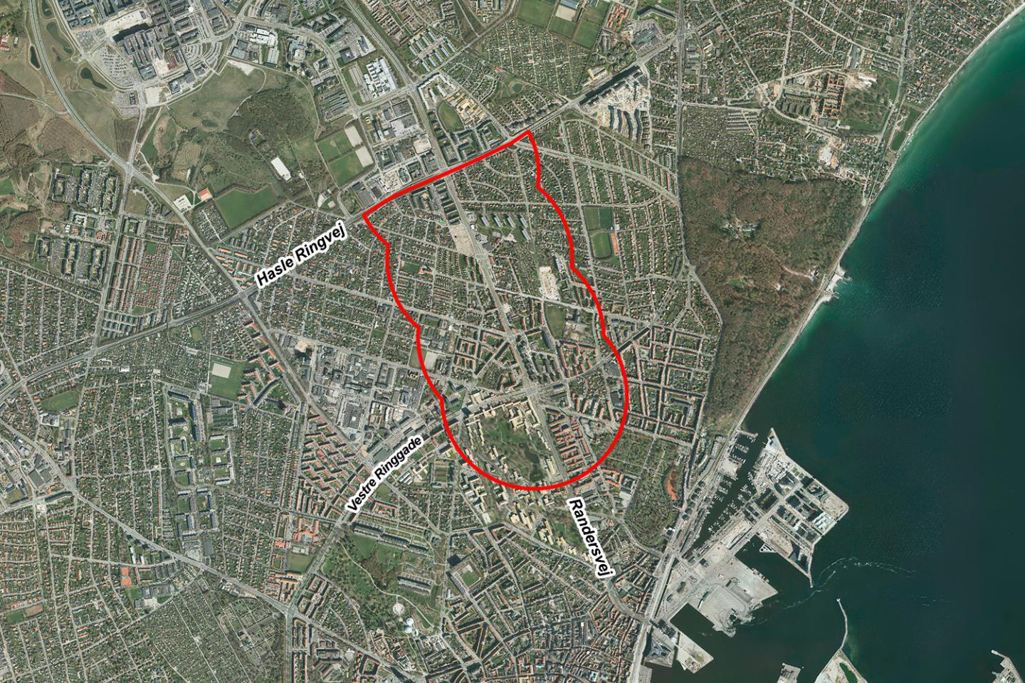 Luftfoto der viser afgrænsningen til helhedsplanen om Randersvej