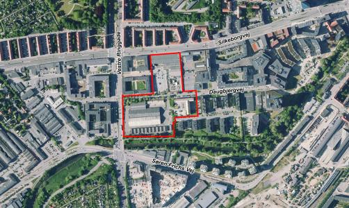 Luftfoto der viser lokalplanafgrænsning til lokalplan 1116 - Trælasten