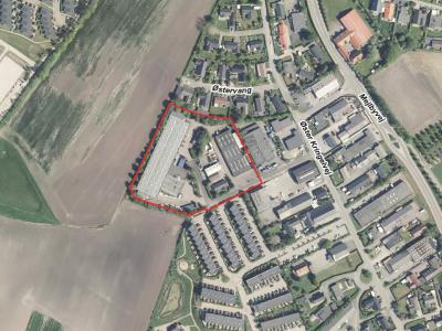 Luftfoto der viser afgrænsningen til lokalplanforslag 1232