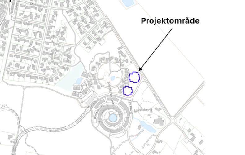 Kort der viser afgrænsningen til vvm screeningen af boligbyggeri ved Kantarelvænget i Nye