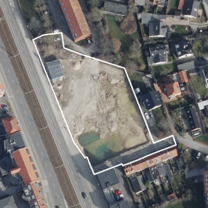 Luftfoto der viser afgrænsningen til lokalplan nr. x150