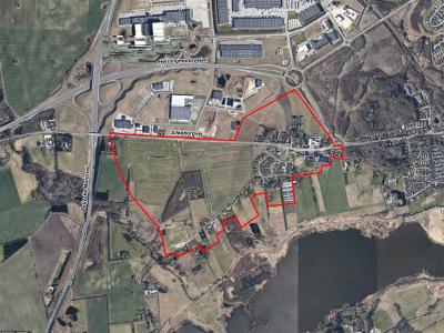 Luftfoto der viser afgrænsningen til helhedsplanen for Årslev