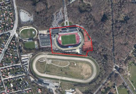 Luftfoto der viser afgrænsningen til lokalplan 1203