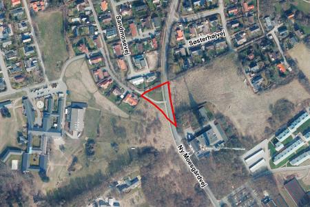 Luftfoto der viser afgrænsningen til lokalplanforslag 1220