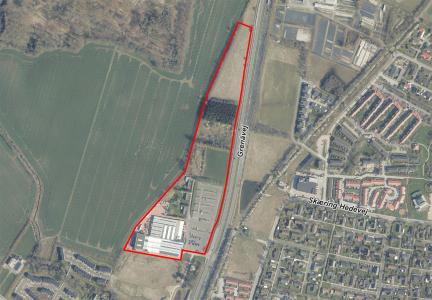 Luftfoto der viser afgrænsningen til lokalplanforslag 1224