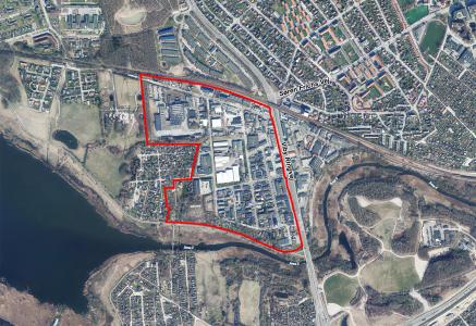 Luftfoto der viser afgrænsningen til debatoplægget om Åby Vest