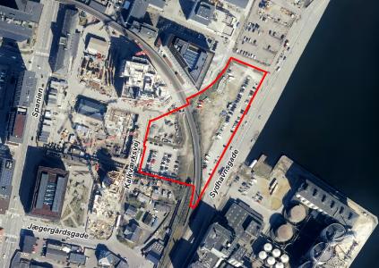 Luftfoto der viser afgrænsningen til lokalplanforslag 1172