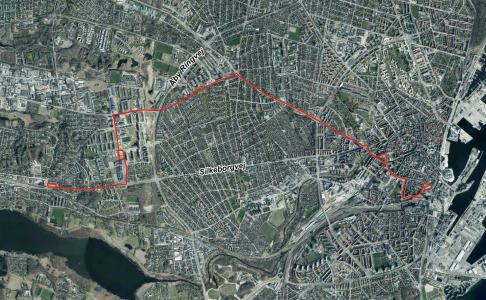 Luftfoto der viser afgrænsningen til debatoplægget om Letbanen etape 2