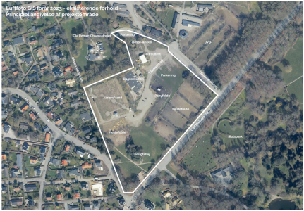Luftfoto af eksisterende forhold med principiel angivelse af projektområdet