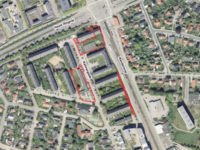 Luftfoto der viser afgrænsningen til lokalplanforslag nr. 1253