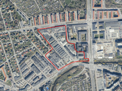 Luftfoto af planområde - Boliger og erhverv ved Trindsøvej, Åby Øst