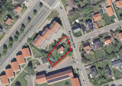 Luftfoto af afgrænsning for lokalplanforslag nr. 1222