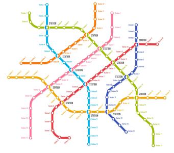 Metrokort med mange krydsende toglinjer