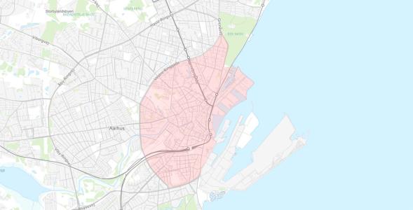 Kort, der viser miljøzonegrænsen i Aarhus Kommune