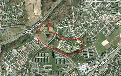 Luftfoto af afgrænsning for regnvandsbassiner ved Ormslevvej i Viby