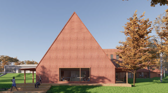 Det kommende billedkunsthus set fra nedre boldbaner op mod hovedbygningen. Indskolingsbygningen fra 2019 ses i baggrunden til venstre.