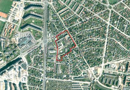 Luftfoto og lokalplanafgrænsning til Lokalplan 1125