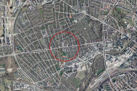 Luftfoto der viser afgrænsningen til helhedsplanen om Silkeborgvej