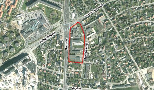 Luftfoto af lokalplanafgrænsning mellem Grenåvej og Agerbæksvej